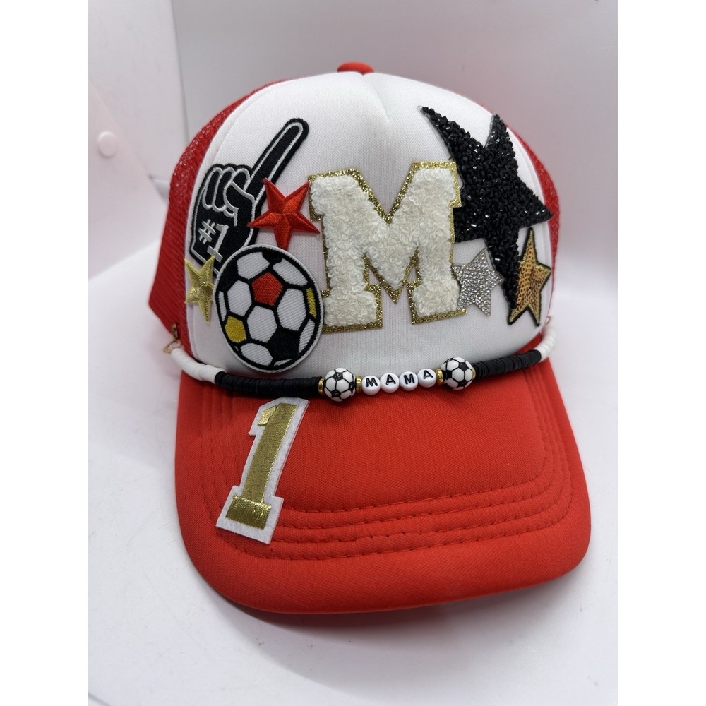 Soccer Mom Trucker Hat Red White Custom Bling Stars Foam Finger Snapback